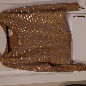 3 piece tan 100% silk.   Beaded blouse, pant, skirt.